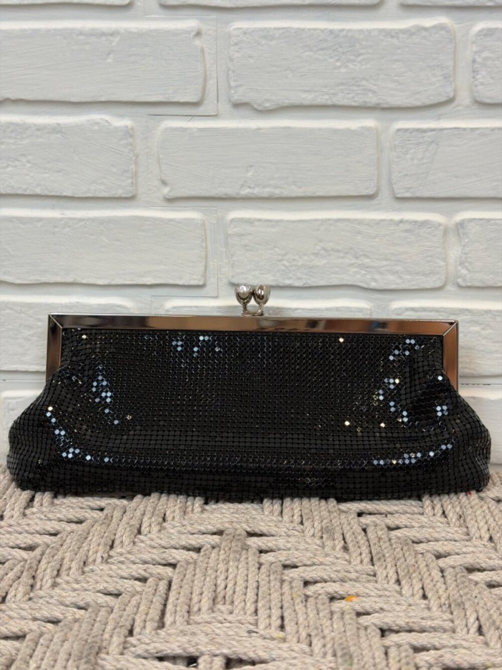White House Black Market Black Metal Mesh Frame Clutch Silver Chain